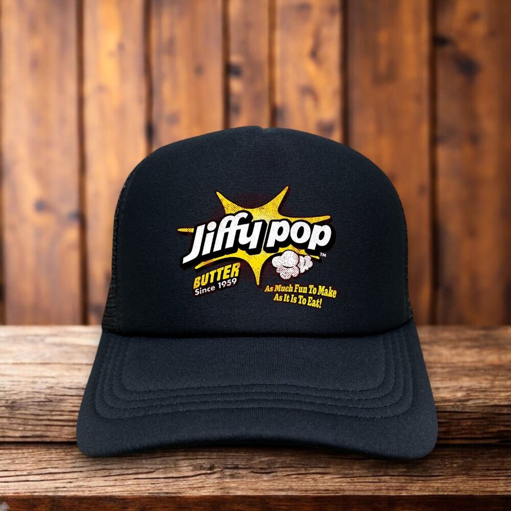 Jiffy Pop Mens Trucker Hat Black Snapback Retro Popcorn Logo Throwback Food Cap